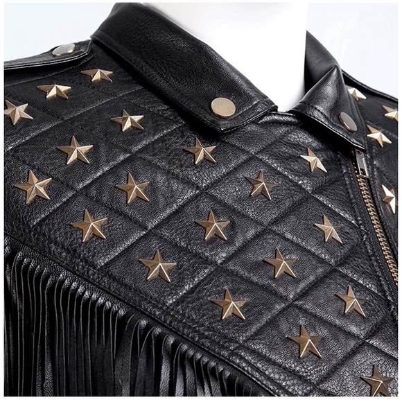 Fringe Rivets Faux Leather Biker Leather Jacket - Picture 4 of 7
